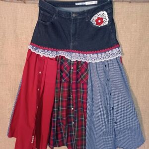 Upcycled Denim and Multicolor Patchwork Midi Skirt